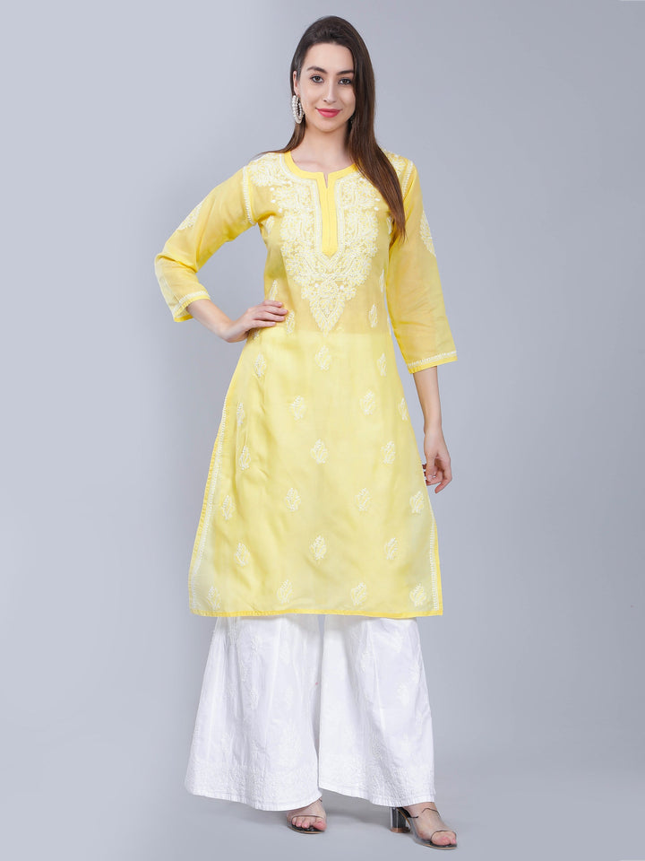 Yellow-Terivoile-Cotton-Chikan-Straight-Kurta