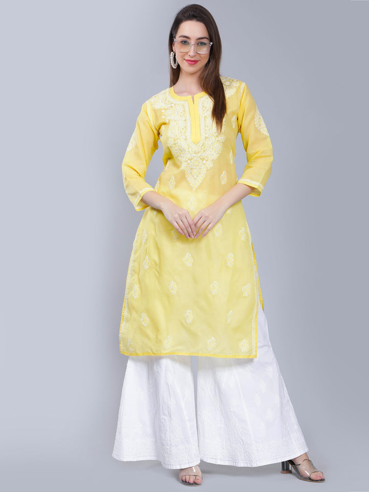 Yellow-Terivoile-Cotton-Chikan-Straight-Kurta