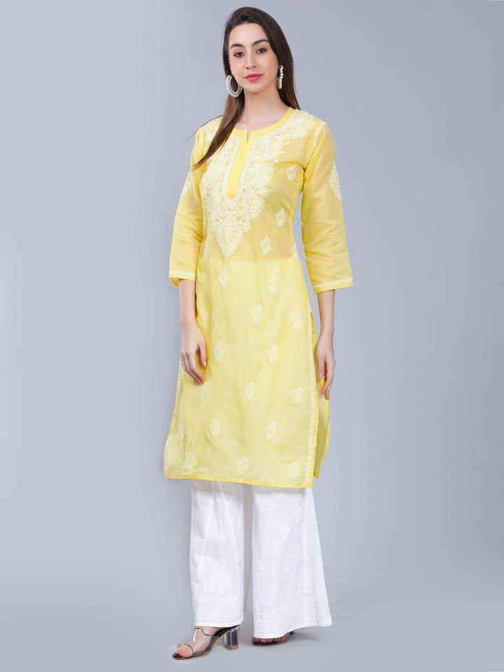 Yellow-Terivoile-Cotton-Chikan-Straight-Kurta