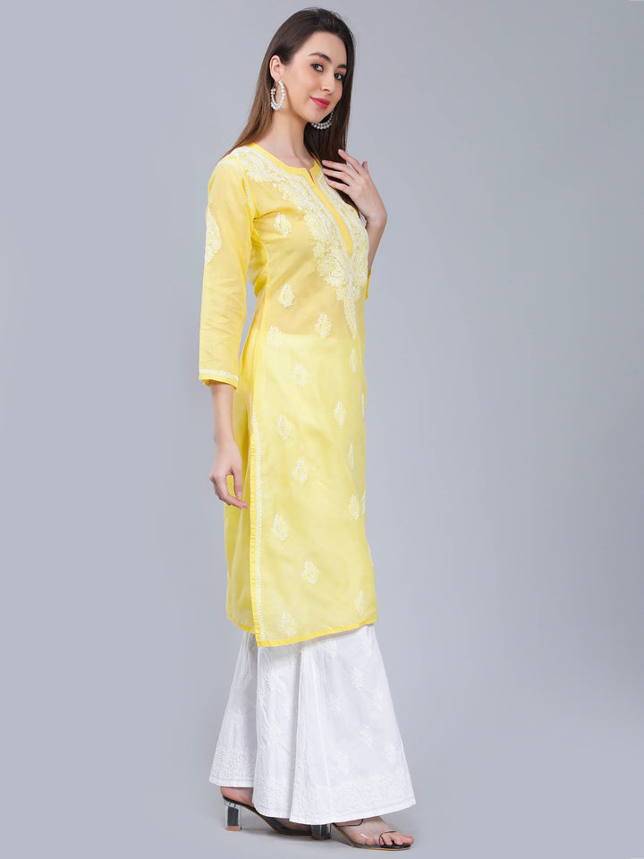 Yellow-Terivoile-Cotton-Chikan-Straight-Kurta