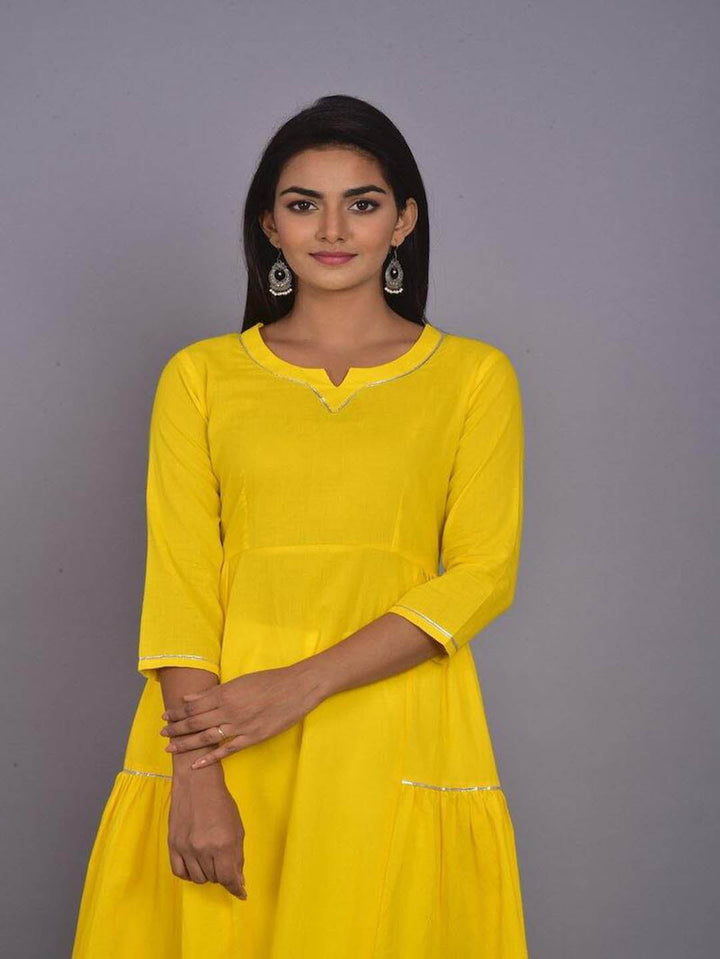 Yellow Tiered Anarkali Kurta With Gota Lace