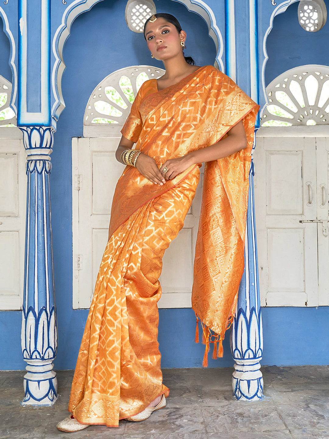 Yellow Woven Geometric Chanderi Silk Festive Saree