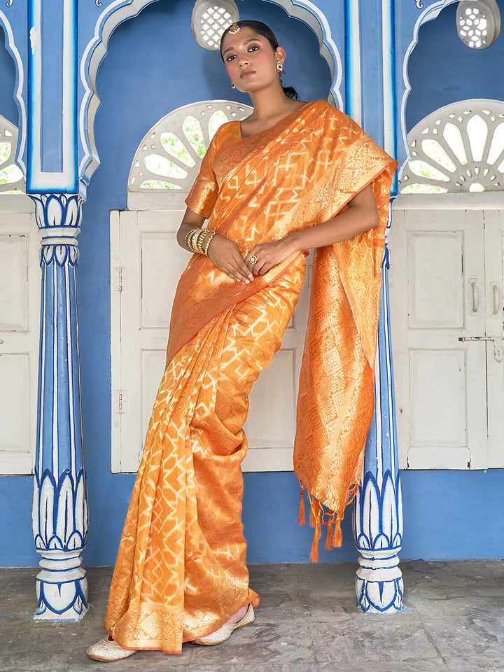 Yellow Woven Geometric Chanderi Silk Festive Saree