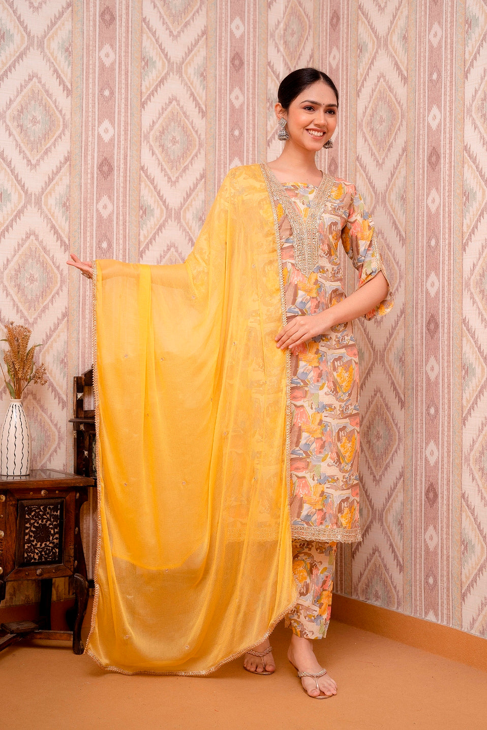 Yellow-&-Golden-Embroidered-Long-Straight-Cotton-3-Piece-Kurta-Set