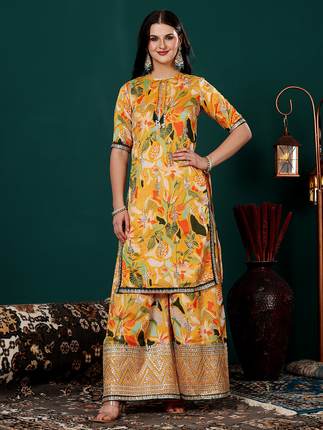 Yellow-&-Green-Art-Silk-Embroidered-Straight-Suit