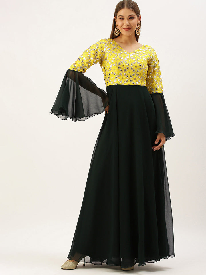 Yellow-&-Green-Bell-Sleeves-Embroidered-Gown