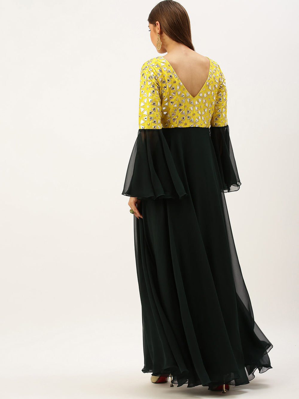 Yellow-&-Green-Bell-Sleeves-Embroidered-Gown
