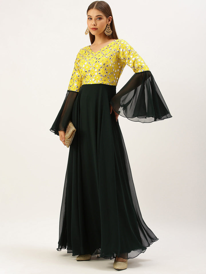 Yellow-&-Green-Bell-Sleeves-Embroidered-Gown