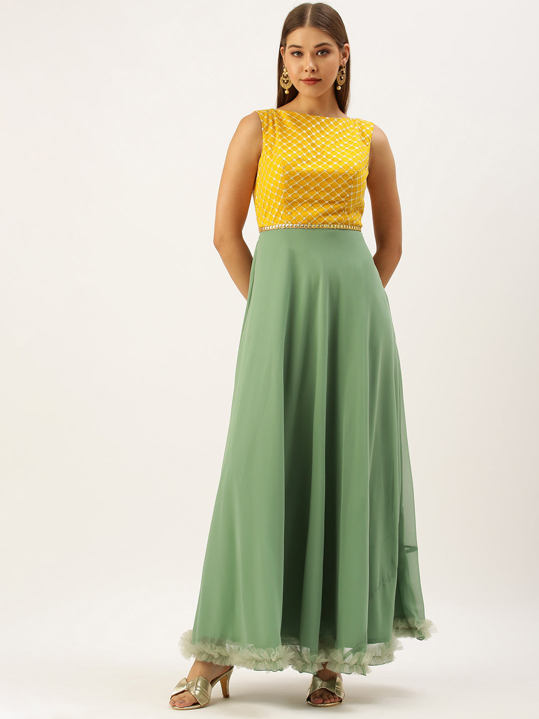 Yellow-&-Green-Embroidered-Boat-Neck-Gown