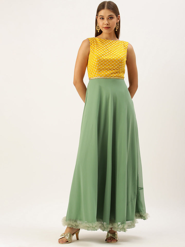Yellow-&-Green-Embroidered-Boat-Neck-Gown