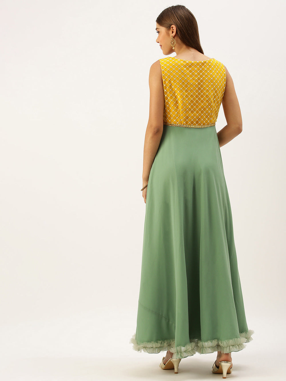 Yellow-&-Green-Embroidered-Boat-Neck-Gown