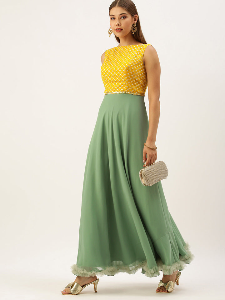 Yellow-&-Green-Embroidered-Boat-Neck-Gown