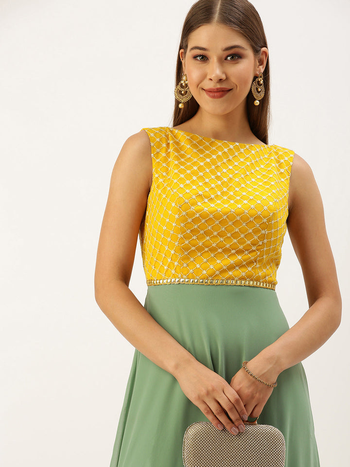 Yellow-&-Green-Embroidered-Boat-Neck-Gown