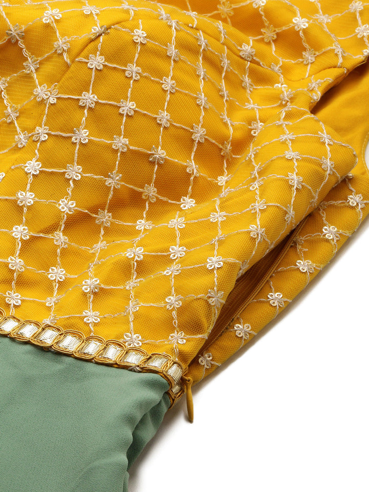 Yellow-&-Green-Embroidered-Boat-Neck-Gown