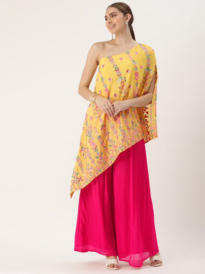 Yellow & Hot Pink Chinon Embroidered Co-Ord Set