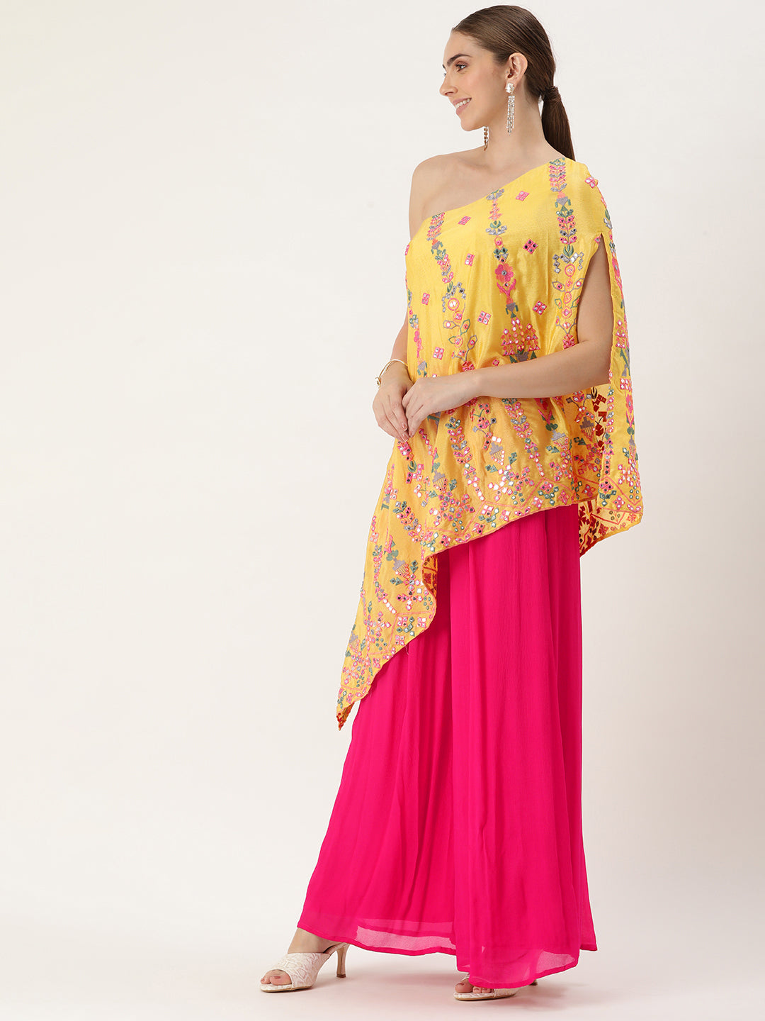 Yellow & Hot Pink Chinon Embroidered Co-Ord Set