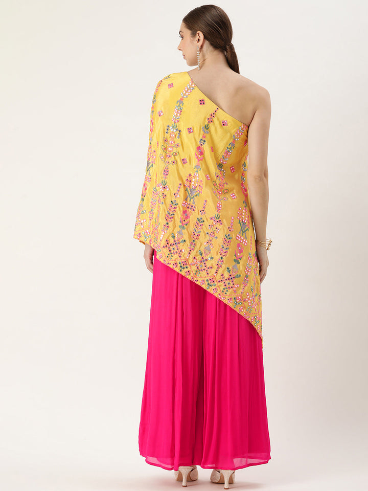 Yellow & Hot Pink Chinon Embroidered Co-Ord Set