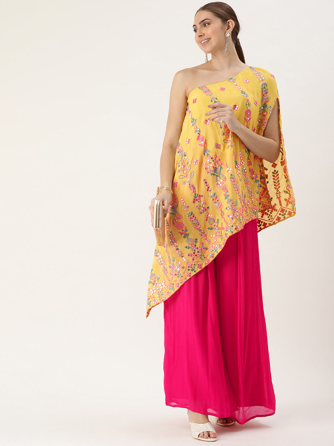 Yellow & Hot Pink Chinon Embroidered Co-Ord Set