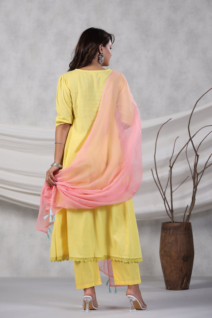 Yellow & Pink Embroidered Cotton 3-Piece Kurta Set