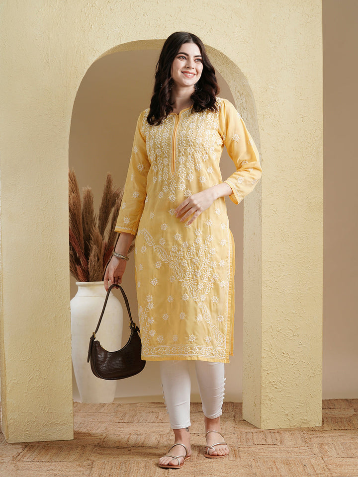 Yellow & White Cotton Artisan Embroidered Chikankari Kurta