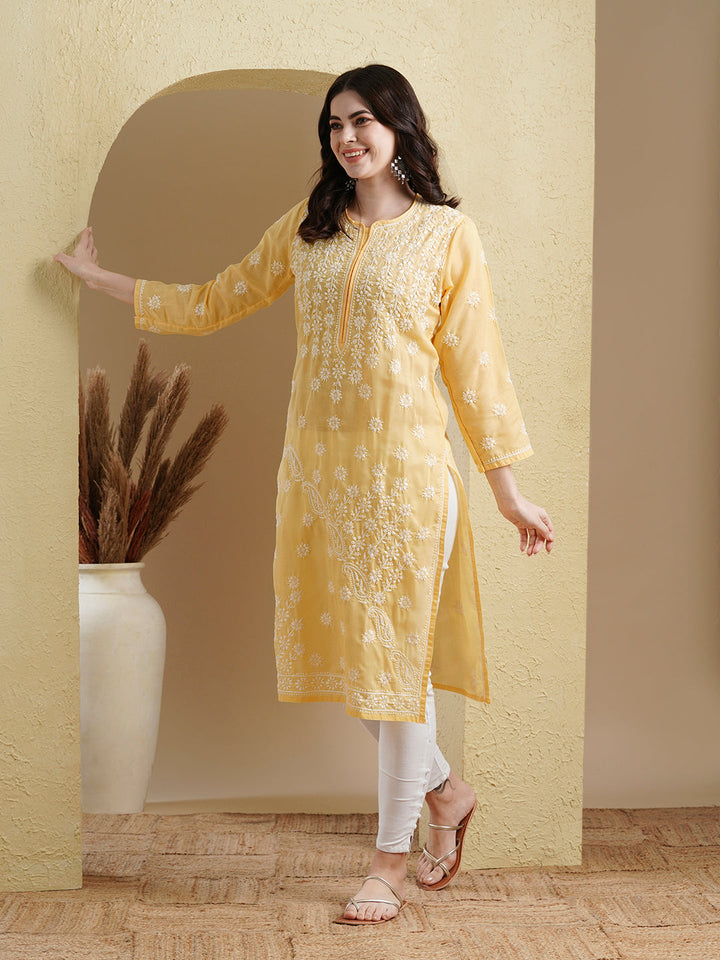 Yellow & White Cotton Artisan Embroidered Chikankari Kurta