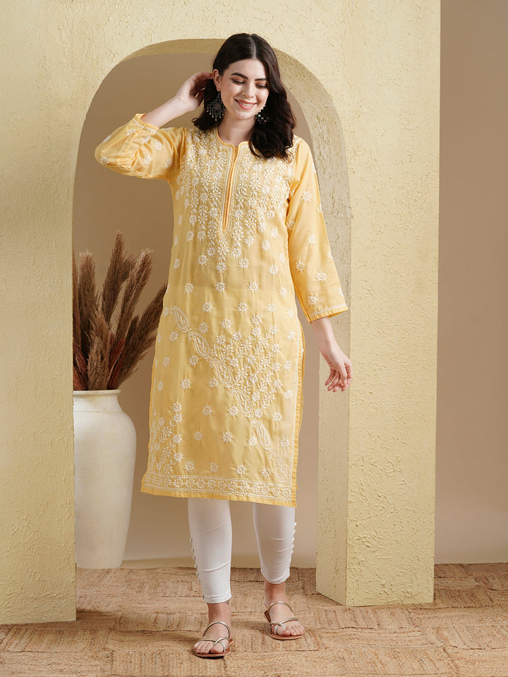 Yellow & White Cotton Artisan Embroidered Chikankari Kurta