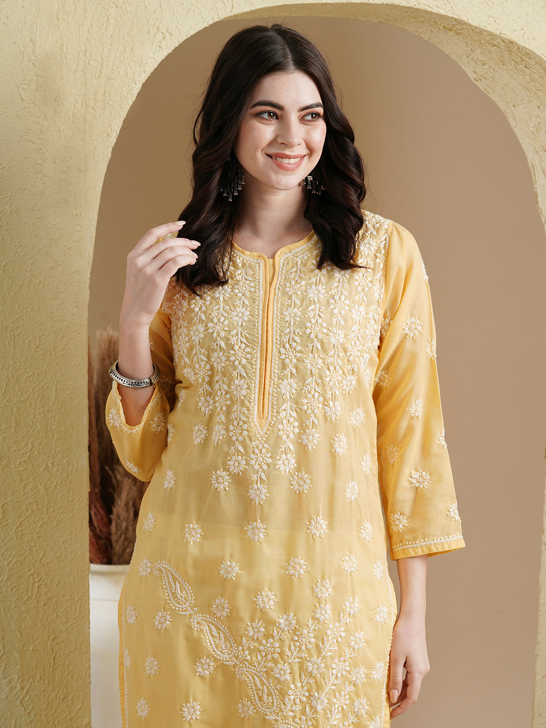 Yellow & White Cotton Artisan Embroidered Chikankari Kurta
