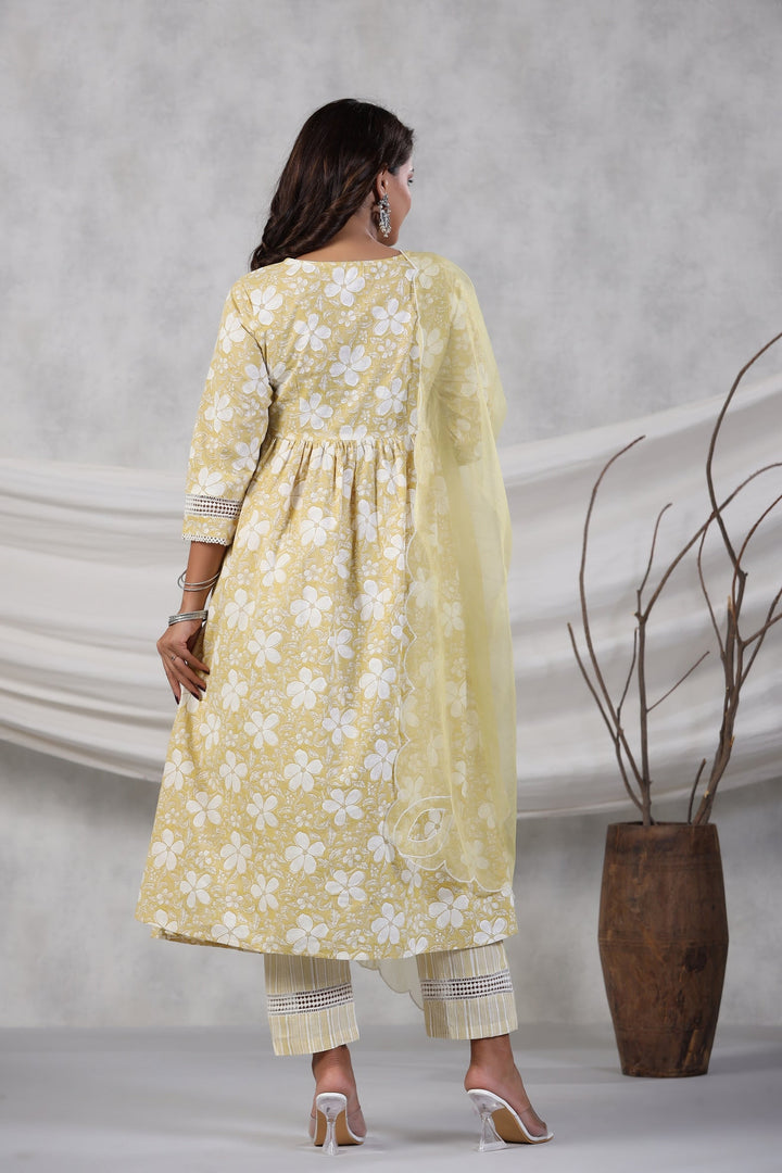 Yellow & White Embroidered Cotton 3-Piece Kurta Set