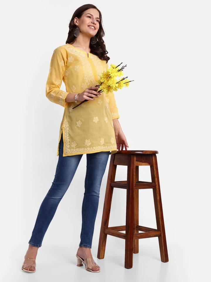 Yellow & White Floral Bale Booti Chikankari Tunic Top