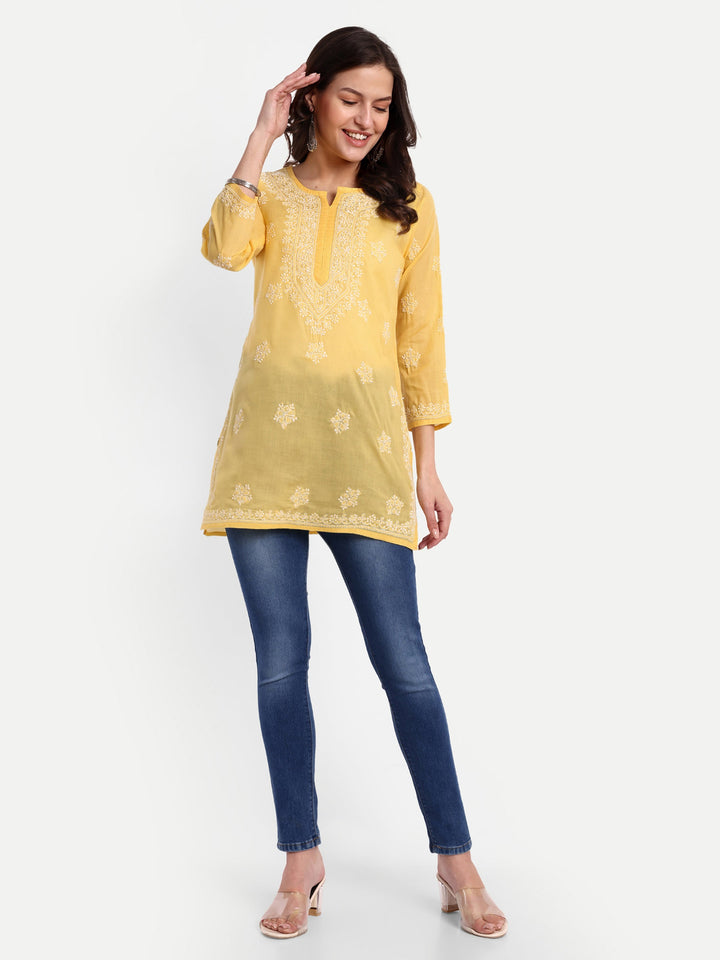 Yellow & White Floral Bale Booti Chikankari Tunic Top