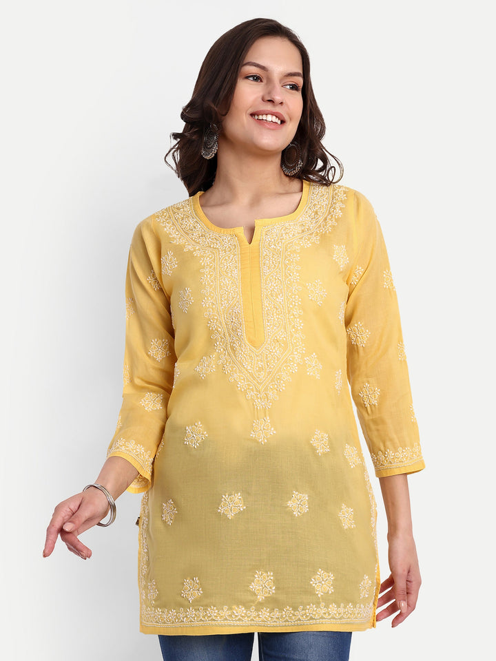 Yellow & White Floral Bale Booti Chikankari Tunic Top