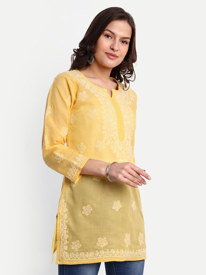 Yellow & White Floral Bale Booti Chikankari Tunic Top