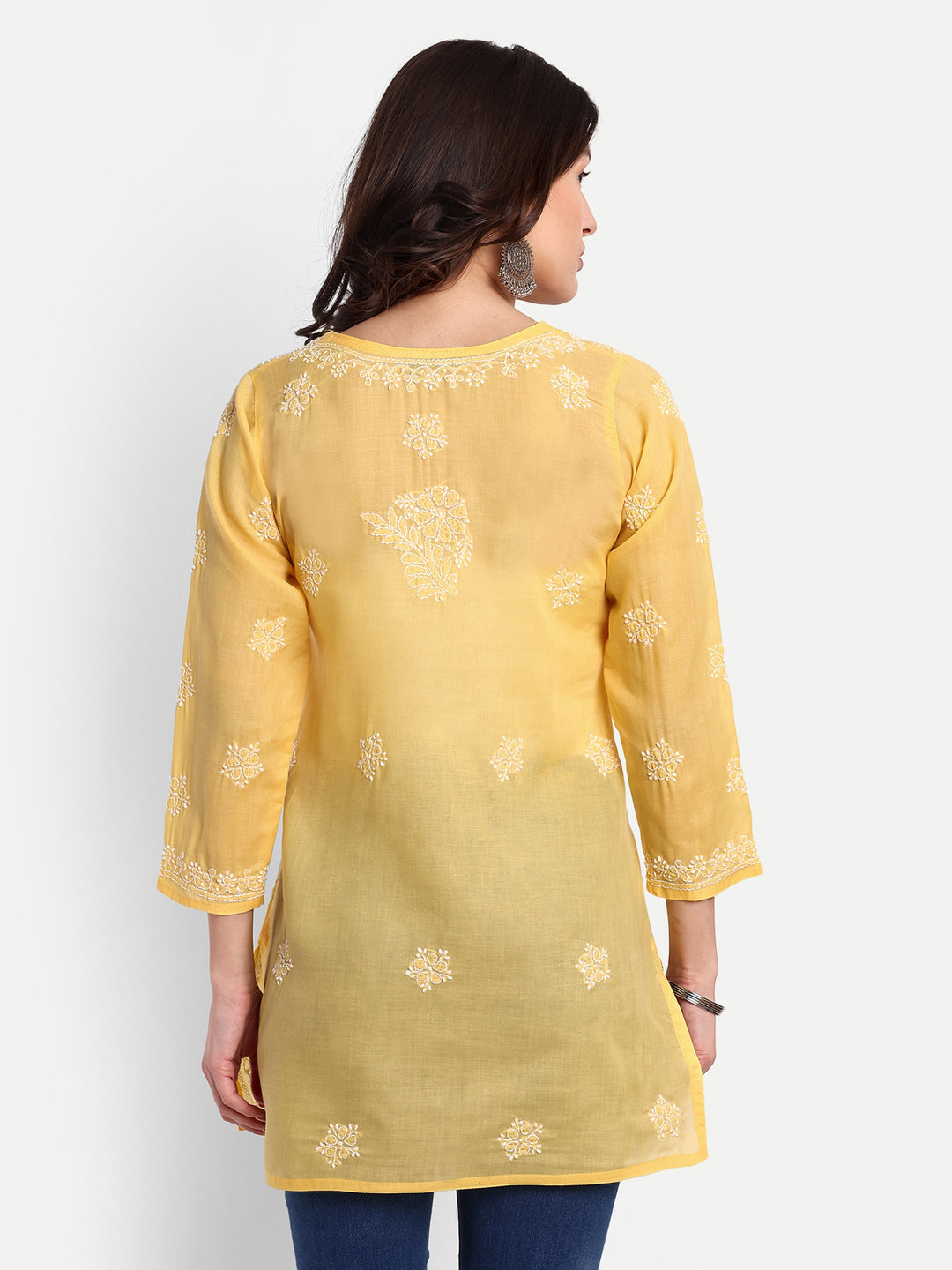 Yellow & White Floral Bale Booti Chikankari Tunic Top