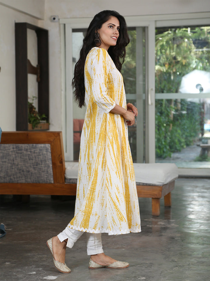 Yellow & White Shibori Print Angrakha Kurta Only