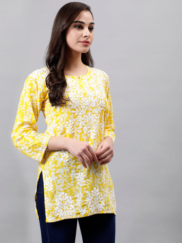 Yellow Cotton Embroidered Lucknowi Chikankari Short Tunic