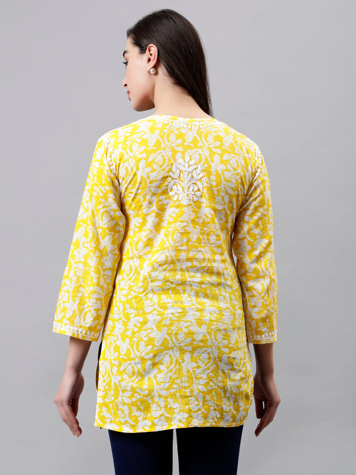 Yellow Cotton Embroidered Lucknowi Chikankari Short Tunic