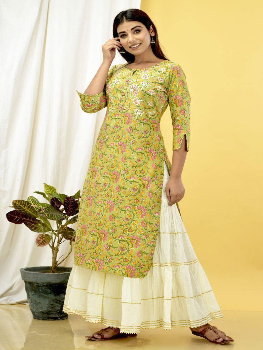 Green Floral Cotton Gota Laces Kurta Only