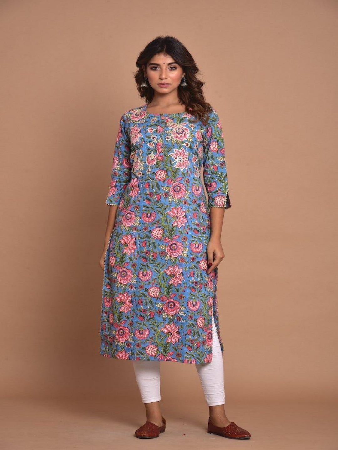 Blue Floral Cotton Kurta Only With Gota