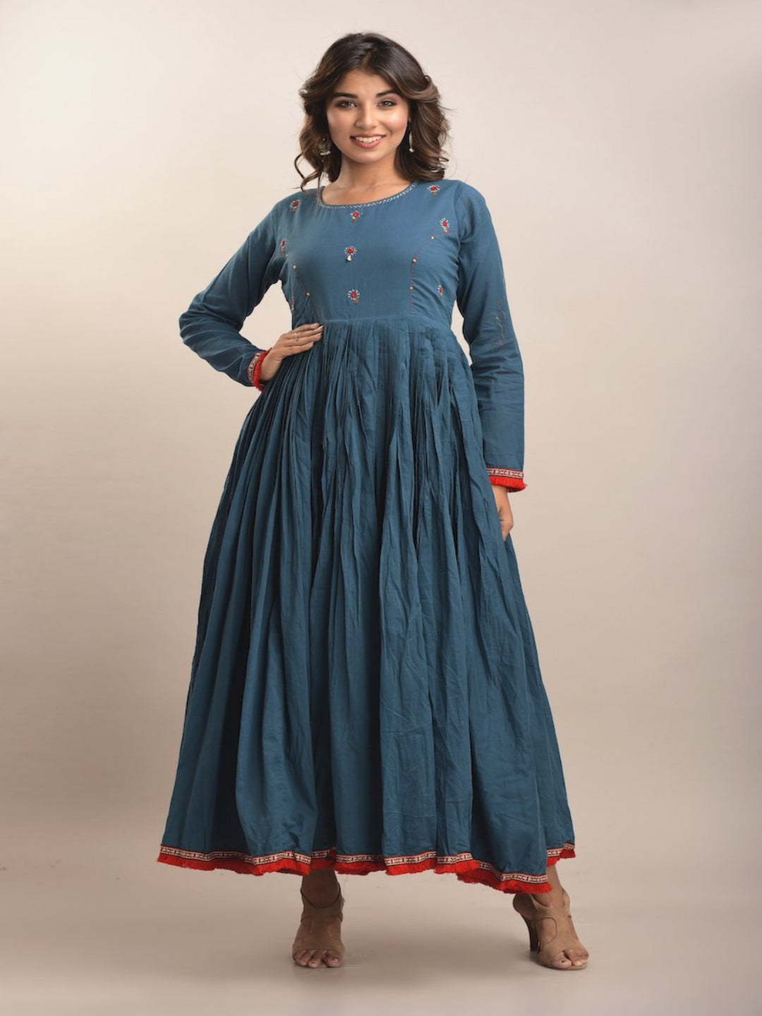 Peacock Blue Flared Gathered Waist Long Dress