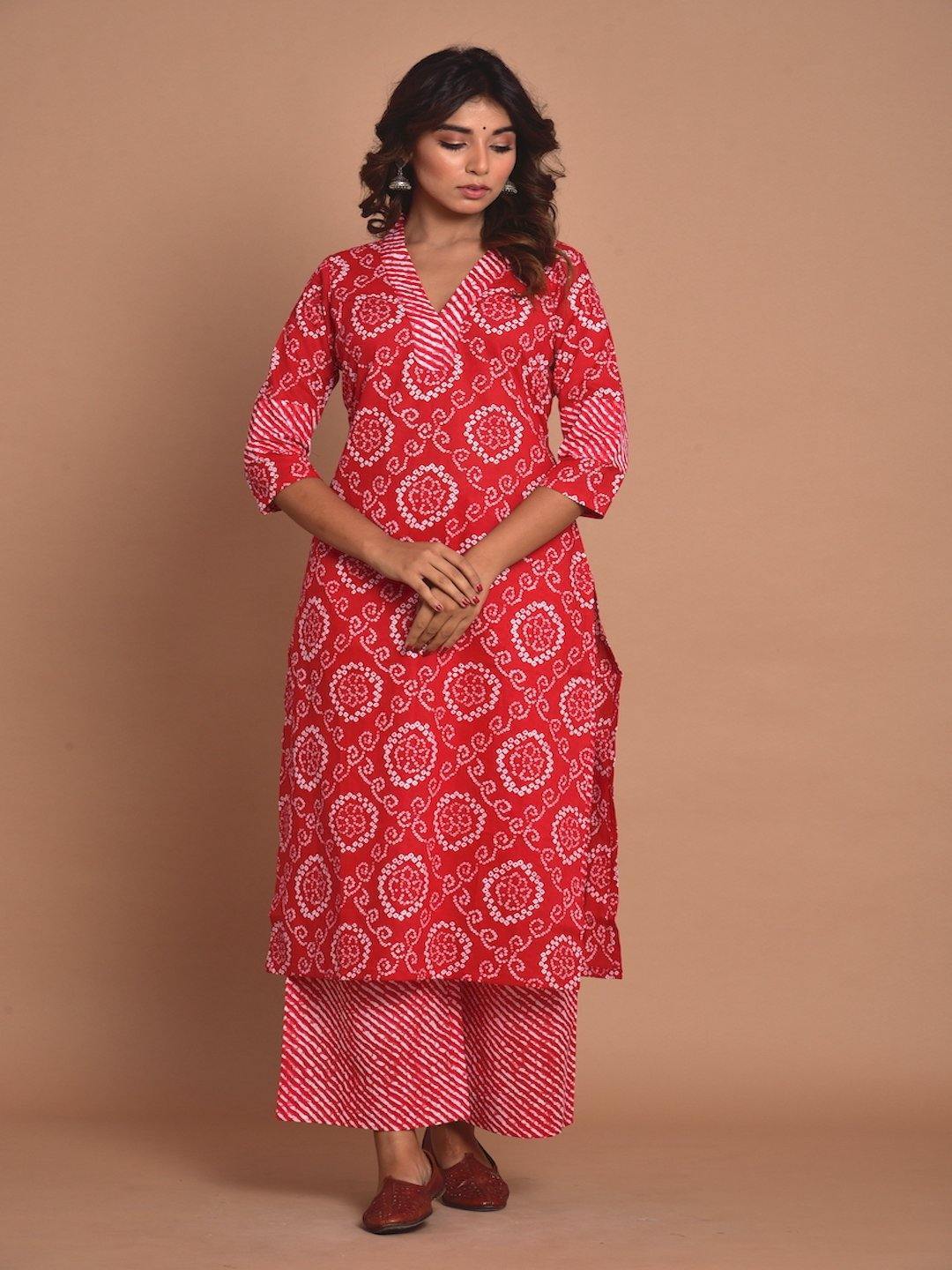 Red Bandhej Kurta Pant Pair Plus