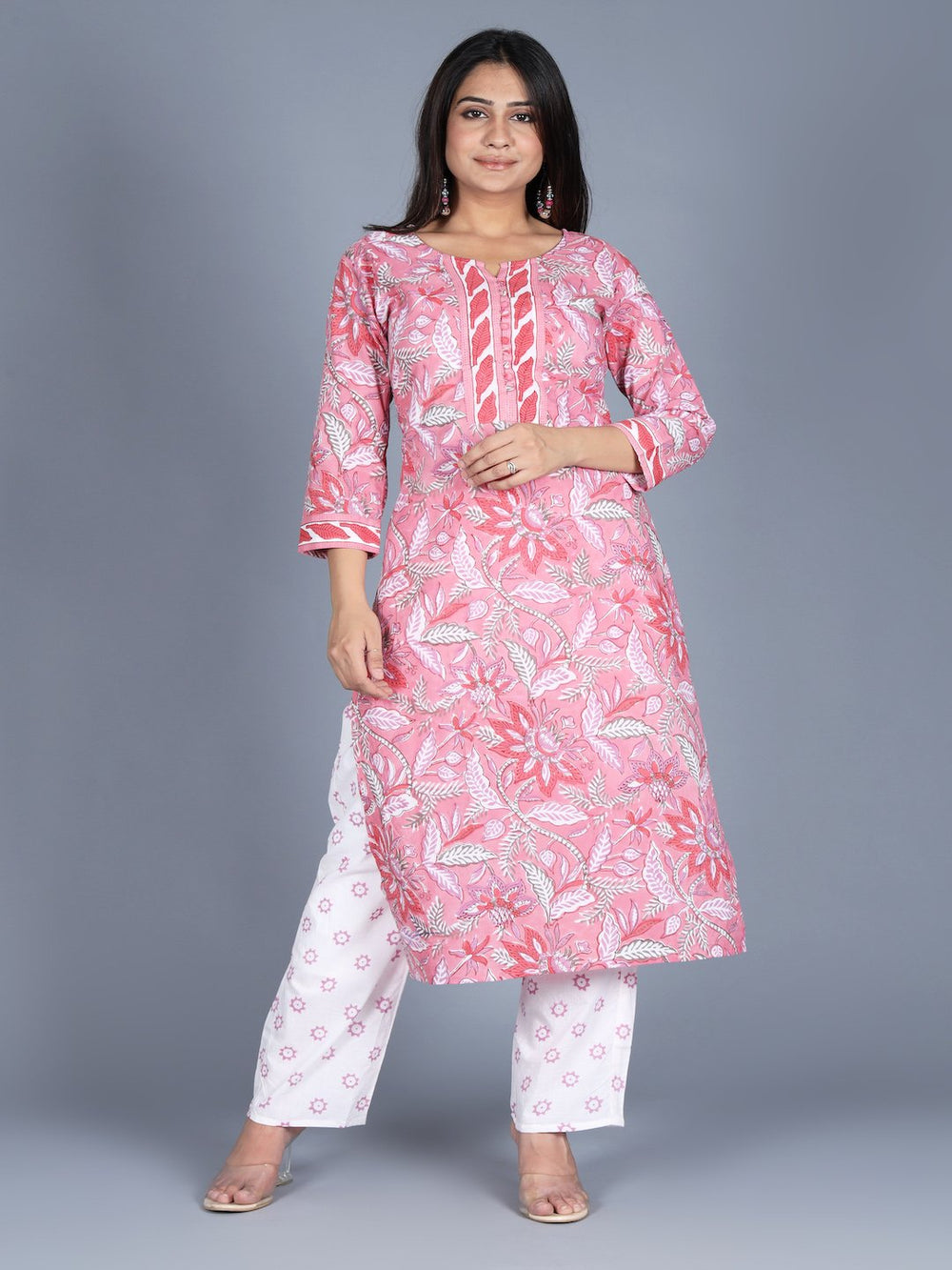 Rozana Lily Pink Hand Printed Suit (Set Of 3)