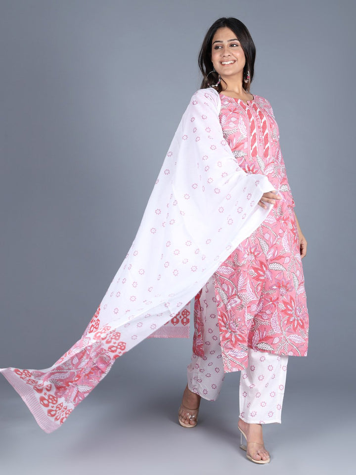 Rozana Lily Pink Hand Printed Suit (Set Of 3)
