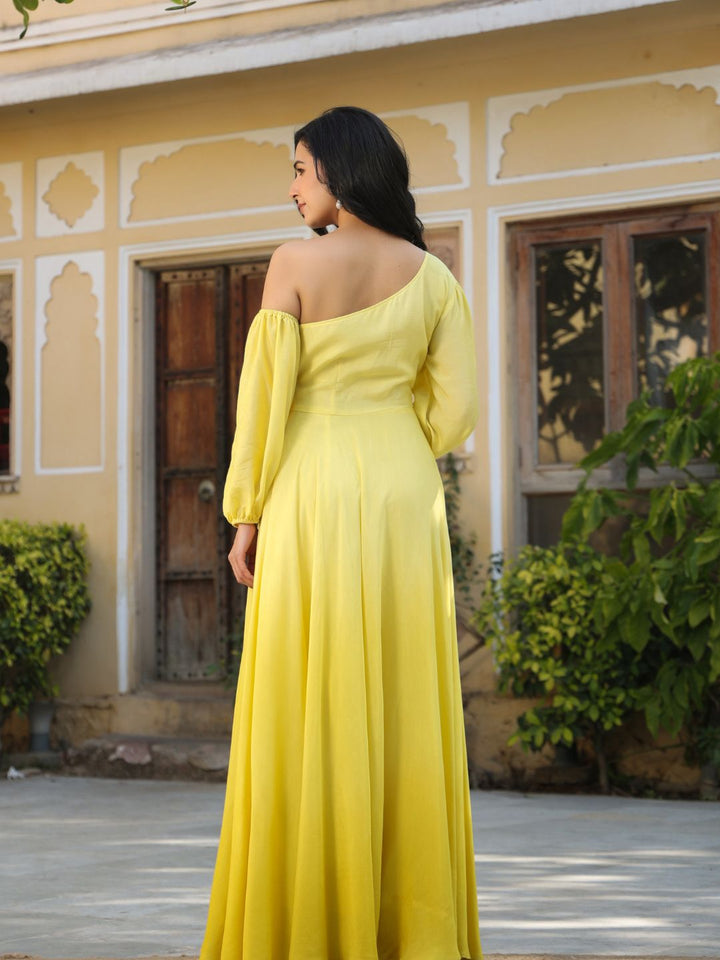 Zeeana-Yellow-Viscose-Muslin-Ombre-Gown
