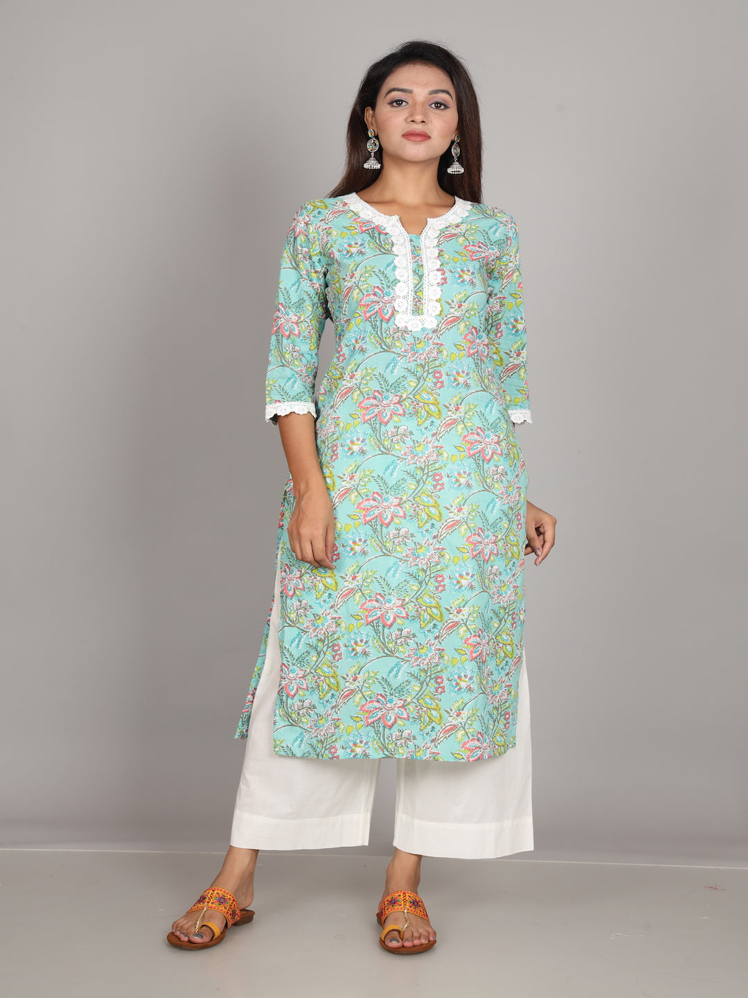 Zere-SeaGreen-Lace-Cotton-Kurta