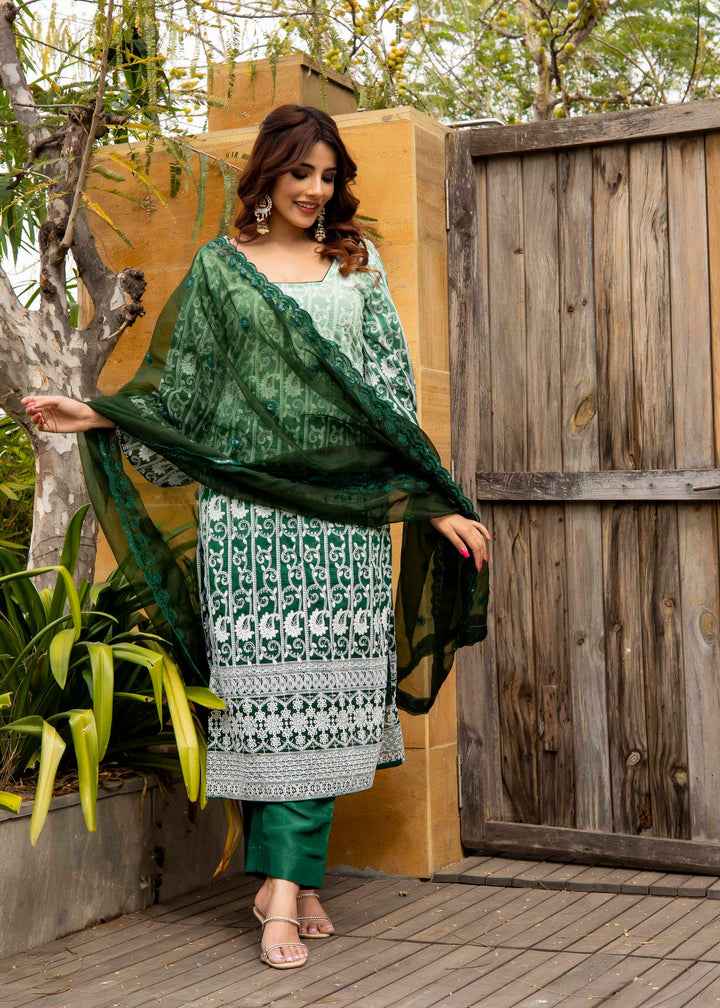 Zoya Bottle Green Chikankari Embroidered Kurta Suit Set