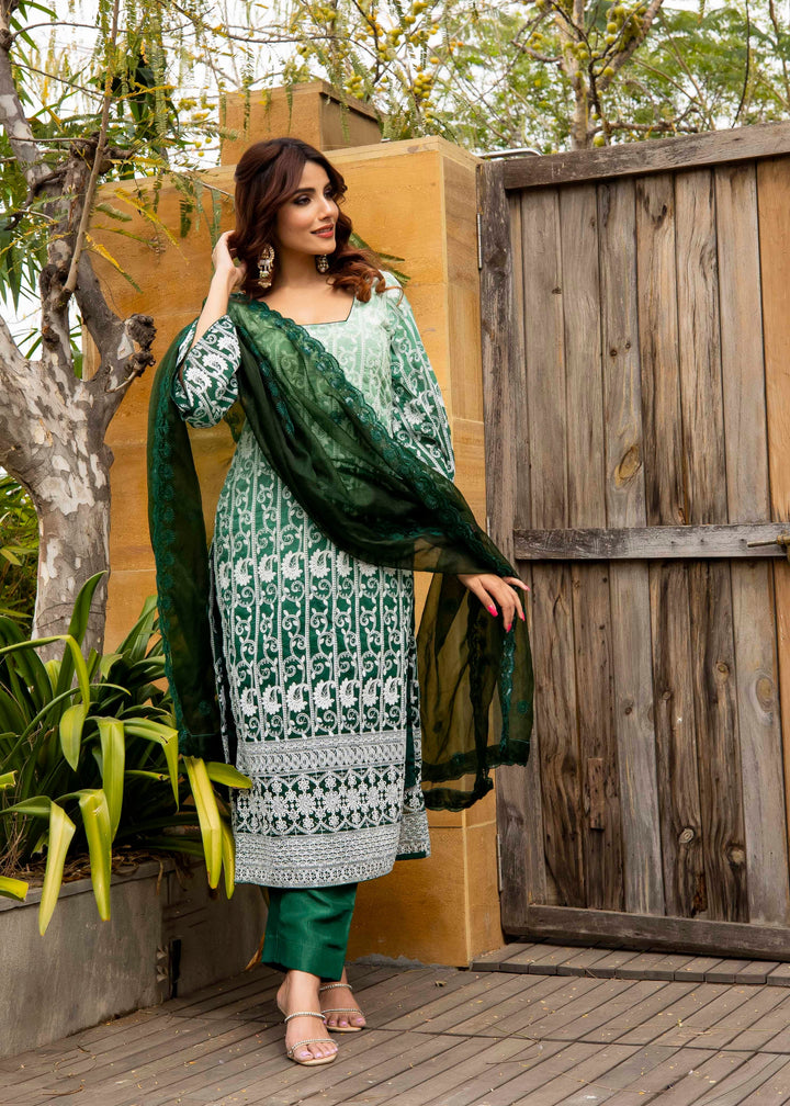 Zoya Bottle Green Chikankari Embroidered Kurta Suit Set