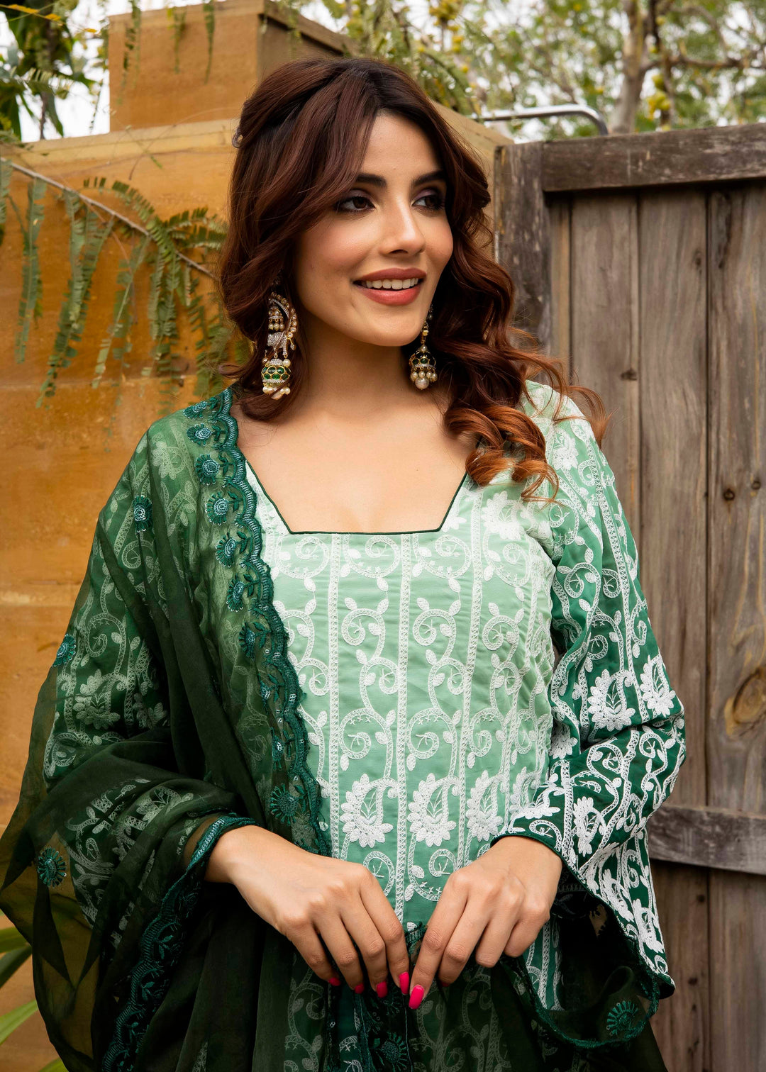 Zoya Bottle Green Chikankari Embroidered Kurta Suit Set