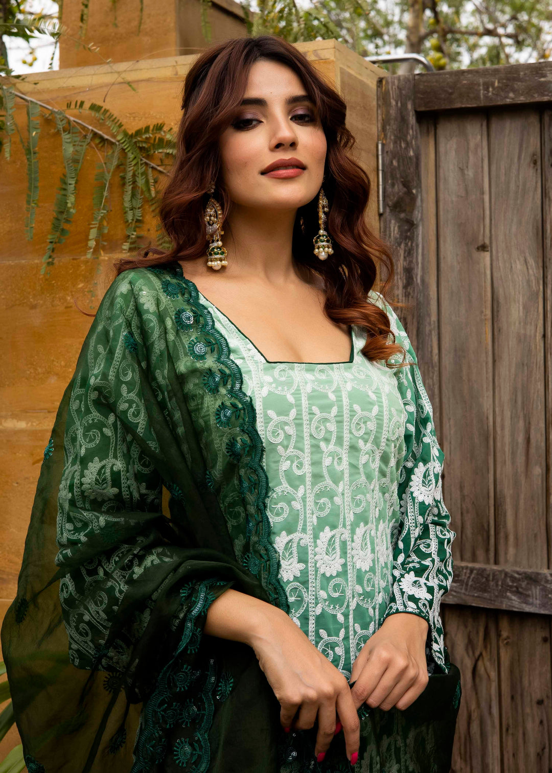 Zoya Bottle Green Chikankari Embroidered Kurta Suit Set