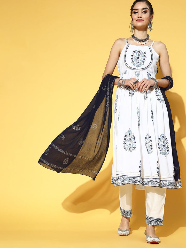 White & Blue Floral Printed Dupatta Set