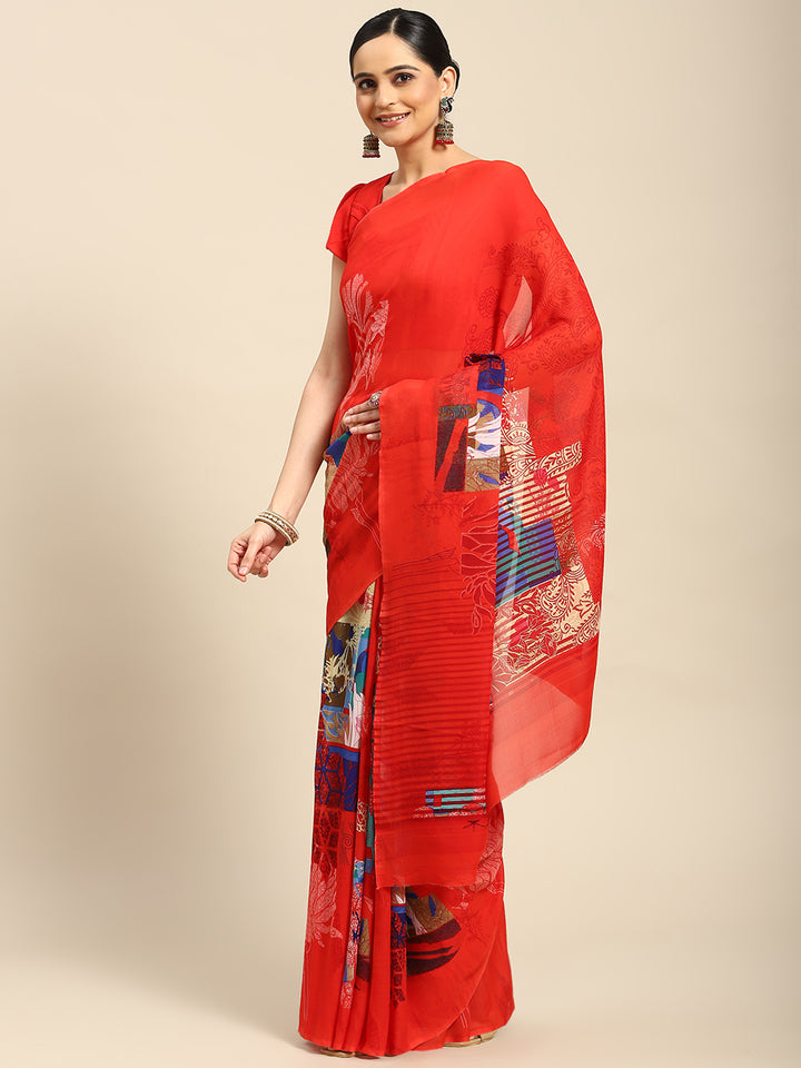 Red Georgette Printed Classy Saree